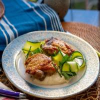 Roasted Chicken Thighs with Garlic Purée and Shaved Zucchini Salad image