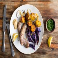 Sausages With Potatoes and Red Cabbage image