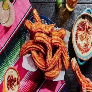 Spicy Corn Churros With Roasted Tomato Salsa Con Queso image