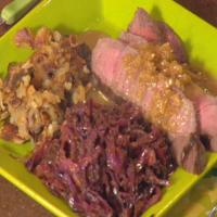 Sliced Steaks with Sauerbraten, Onion Hash Browns, Spiced Red Cabbage image