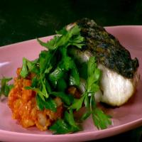 Grilled Striped Bass with Cauliflower and Tomatoes with Caperberries and Black Olives with Parsley Salad_image