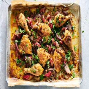 Sheet-Pan Chicken With Rhubarb and Red Onion_image
