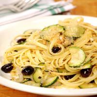 Linguine with Zucchini, Garlic, Black Olives, and Toasted Breadcrumbs image