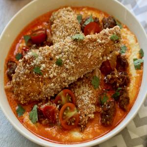 Spicy Oven-Fried Chicken with Cheese Grits and Chorizo Reduction_image