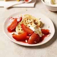Belgian waffles with plum compote & amaretto cream image