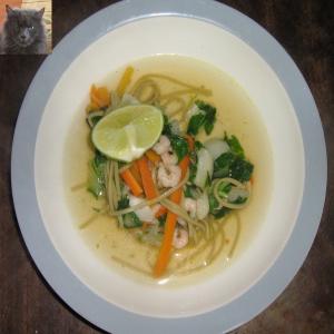 Thai Noodle Soup With Vegetables and Shrimps image
