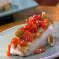 Halibut with Anchovy-Stuffed Olives, Red Peppers and Oregano_image