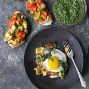Braised summer vegetable pisto with emerald sauce & fried egg_image