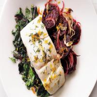 Halibut with Roasted Beets, Beet Greens, and Dill-Orange Gremolata image