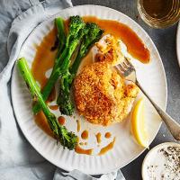 Spicy sweet potato fishcakes with charred greens image
