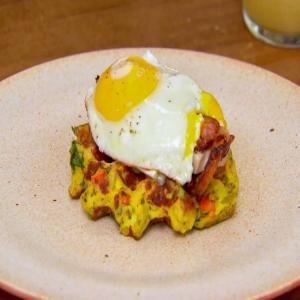 Open-Faced Waffle Cornbread Stuffing Sandwiches with Turkey, Brie and Bacon image