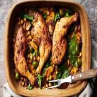 Baked Chicken Legs with Chickpeas, Olives, and Greens image