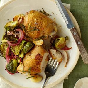 Crispy Chicken Thighs with Roasted Brussels Sprouts and Red Onions_image