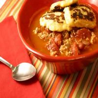 Turkey Chipotle Chili with Pepper Jack Cheese Corn Cake Toppers image