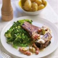 Pork chops with with creamy leek and bacon lardon sauce_image