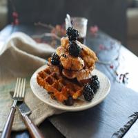 Spicy Gluten-Free Chicken and Cheddar Waffles with Blackberry-Maple Syrup image