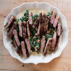 Peppercorn-Crusted Steak with Pimiento Creamed Spinach_image