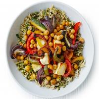 Herby rice with roasted veg, chickpeas & halloumi image