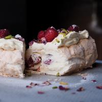 Meringue Roulade with Rose Petals and Fresh Raspberries_image