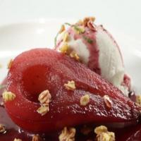 Red Wine Poached Pear Filled with Vanilla Ice Cream and Topped with Granola image