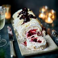 White forest meringue roulade image
