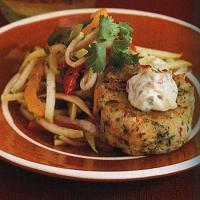 Shrimp and Sweet Potato Cakes with Chayote Slaw and Chipotle Sauce image