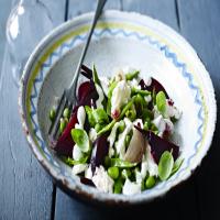 Warm salad of broad beans, peas, beetroot and mozzarella_image