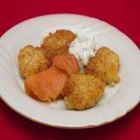 Parsnip Pancakes With Smoked Fish and Caper Sour Cream_image