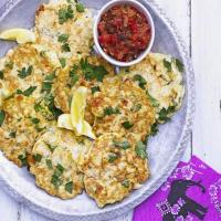 Cauliflower & cheese fritters with warm pepper relish image