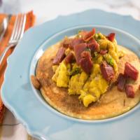 Corncakes with Country Ham Scramble and Red-Eye Gravy image