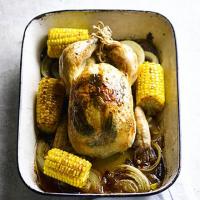 Golden roast chicken with sweetcorn, sage & garlic image
