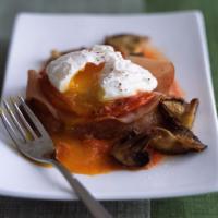 Poached Eggs with Roasted Tomatoes, Mushrooms, and Ham image