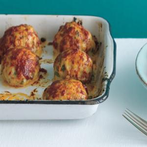 Baked Chicken Meatballs with Peperonata Recipe | Epicurious.com_image