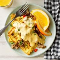 Omelet Waffles with Sausage Cheese Sauce image