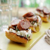 Grilled Sausages with Grilled Shallot Relish with Fresh Ricotta and Toasted Baguette_image