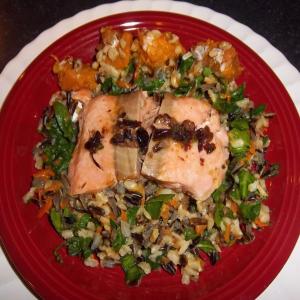 Savory Salmon over Wild Rice Pilaf With a Side of Sweet Potatoes image
