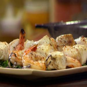 Seafood Skewers on a Bed of Chile-Garlic Spinach_image