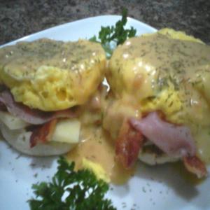Pretender Eggs Benedict with Asparagus, Bacon, Ham, and Swiss Cheese_image