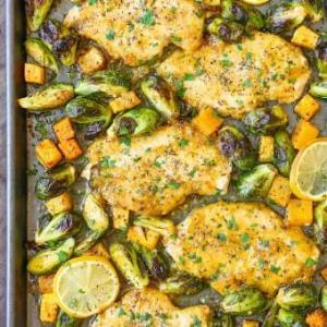 One Pan Lemon Chicken with Butternut Squash and Brussels Sprouts_image