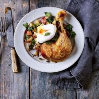Confit chicken legs with potato hash & poached egg image