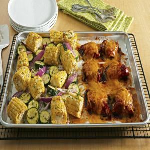 Cheesy BBQ Chicken Thighs with Roasted Vegetables image