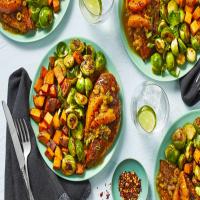 Orange-Glazed Chicken with Roasted Brussels Sprouts and Sweet Potatoes_image