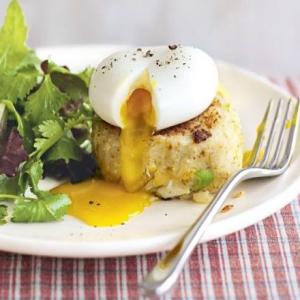 Spicy smoked fish cakes with herb salad & eggs image