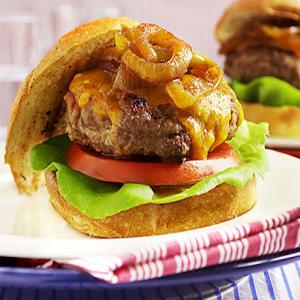 Bacon-Cheddar Burgers with Caramelized Onions Recipe | Epicurious.com_image