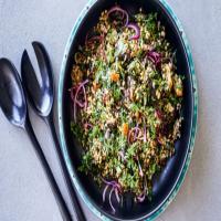 Eggplant, brown rice and quinoa salad with quick pickled onion and a date and ras el hanout dressing_image