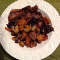 Sunshine's Roasted Winter Vegetables with Chicken-Apple Sausage and Bacon image