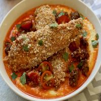 Spicy Oven-Fried Chicken with Cheese Grits and Chorizo Reduction image