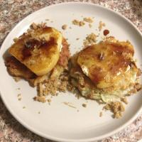 Potato Latkes with Caramelized Pears, Goat Cheese, and Sherry Vinegar Drizzle_image