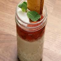 Brown Sugar Custard with Strawberry Compote, Whipped Creme Fraiche and Almond Honeycomb image