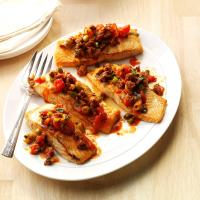 Grilled Salmon with Chorizo-Olive Sauce_image